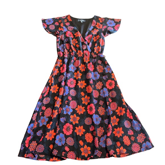 ModCloth red blue black floral midi dress Size Medium - Picture 1 of 5